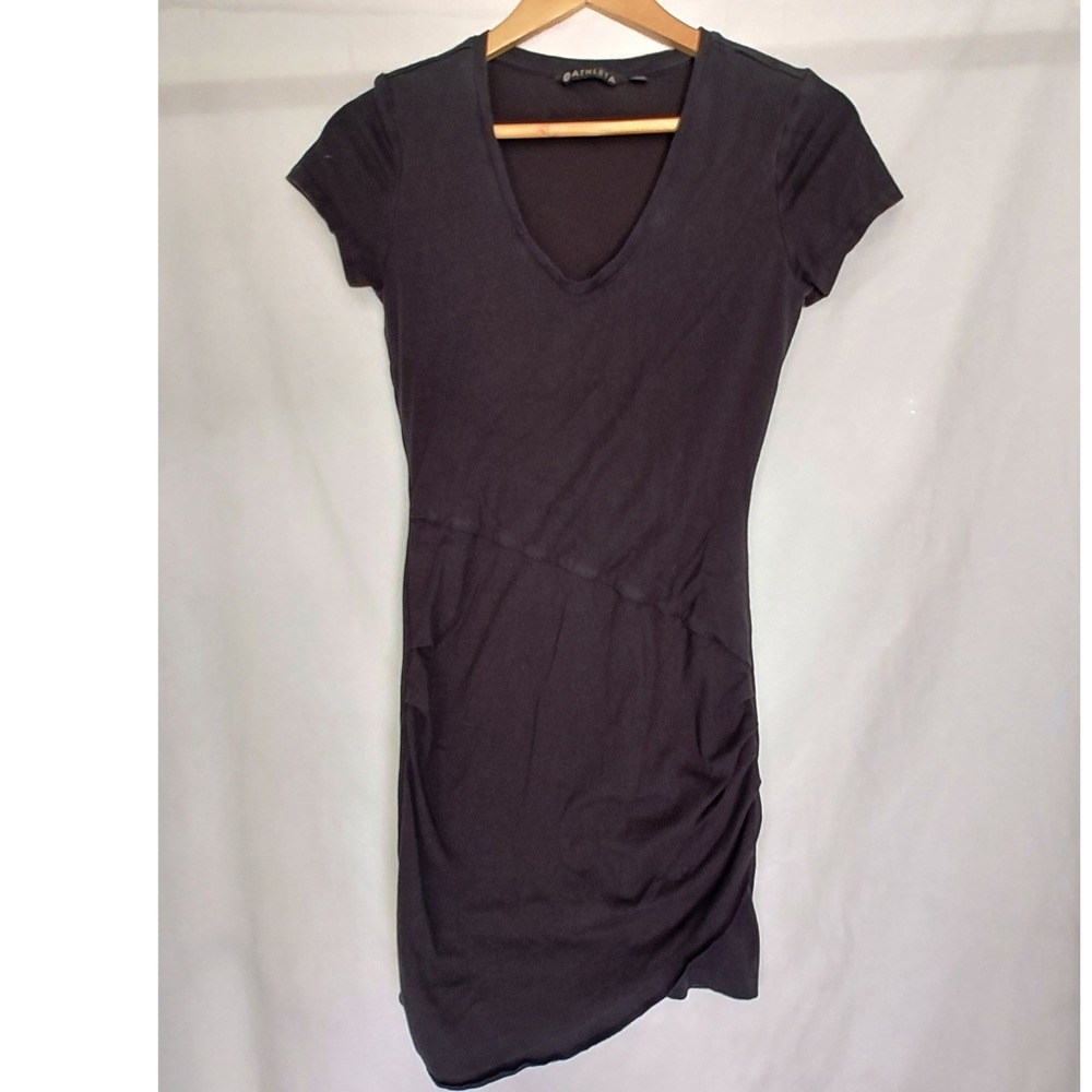 Athleta Central Dress Ruched Short Sleeve Jersey XS‎ Black V-Neck 405485